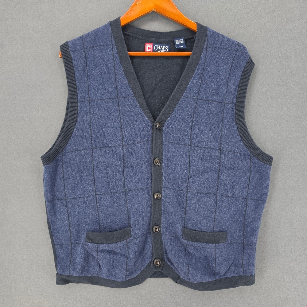Chaps Mens Blue Windowpane Plaid Button Front Cotton Sweater Vest Large